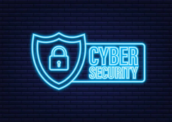 Siber güvenlik vektör logosu, kalkan ve işaretli. Güvenlik kalkanı konsepti. İnternet güvenliği. Neon simgesi. Vektör illüstrasyonu. — Stok Vektör
