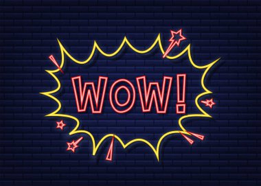 Yazılı komik konuşma baloncukları. Neon simgesi. Sembol, etiket, özel teklif etiketi, reklam rozeti. Vektör stok illüstrasyonu.