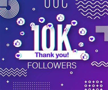 10.000 takipçi sayısına teşekkürler. Arıza tarzı pankart. Net arkadaşlar için çok renkli teşekkür görüntüsünü kutluyoruz. Vektör illüstrasyonu.