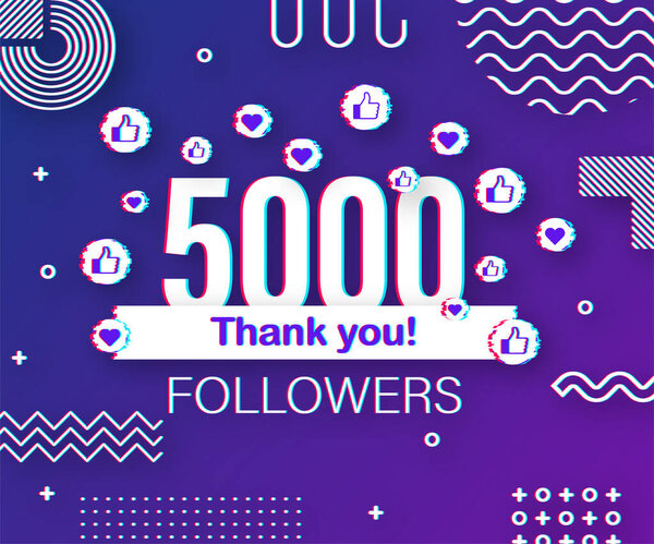 Thank you 5000 followers numbers. Glitch style banner. Congratulating multicolored thanks image for net friends likes. Vector illustration.