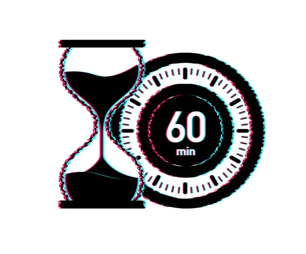 De 60 minuten, stopwatch vector glitch icon. Stopwatch icoon in platte stijl, timer op kleur achtergrond. Vectorillustratie. — Stockvector