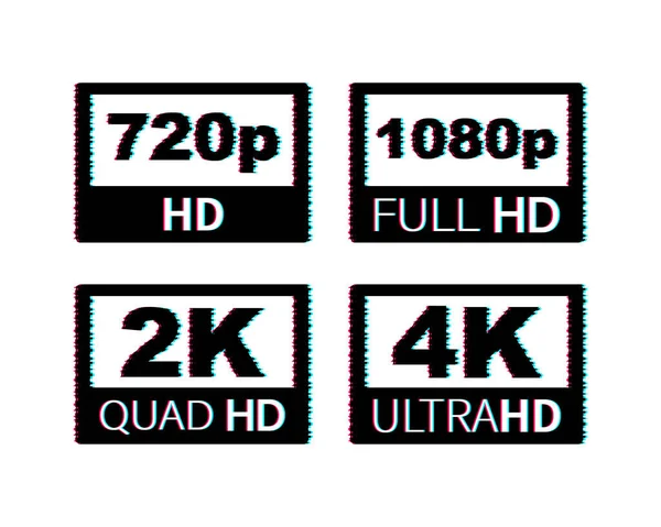 Etiquetas de dimensión de vídeo. Resolución de vídeo 720, 1080, 2k, 4k, insignias. Icono de fallo técnico. Ilustración de stock vectorial. — Archivo Imágenes Vectoriales