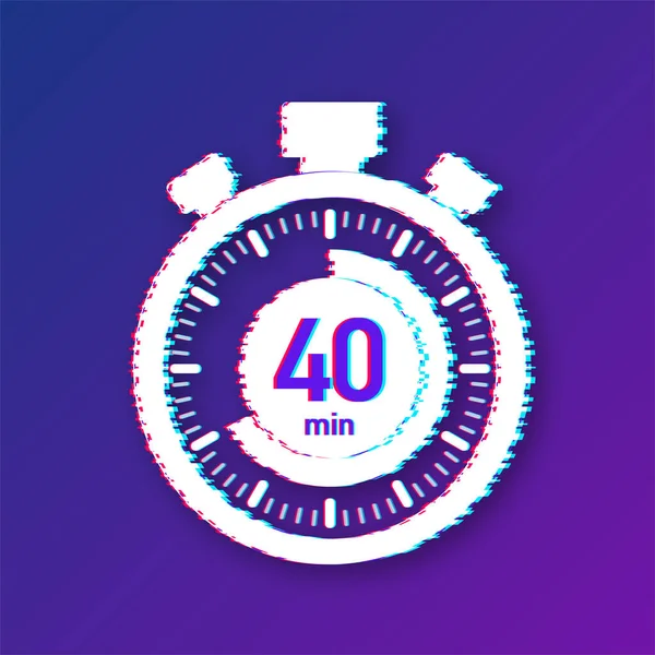 I 40 minuti, cronometro vettoriale icona glitch. Icona cronometro in stile piatto, timer su sfondo a colori. Illustrazione vettoriale. — Vettoriale Stock