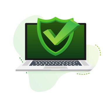 Kabarcık desenli işaretli dizüstü bilgisayar ya da tik bildirim. Onaylanmış bir seçim. Kontrol işaretini kabul et ya da onayla. Vektör illüstrasyonu.