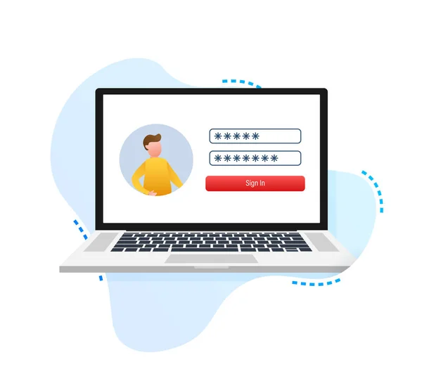 Login pagina op laptop scherm. Notitieboek en online inlogformulier, aanmeldingspagina. Gebruikersprofiel, toegang tot accountconcepten. Vectorillustratie. — Stockvector