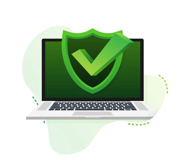 Laptop com marca de verificação ou notificação de marca no padrão bolha. Escolha aprovada. Aceitar ou aprovar marca de verificação. Ilustração vetorial. — Vetor de Stock