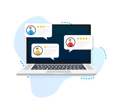 Müşteri inceleme derecelendirme mesajları, dizüstü ekran ve online değerlendirmeleri veya müşteri referansları, deneyim veya geribildirim kavramı ile Dizüstü Bilgisayar. Vektör çizimi.
