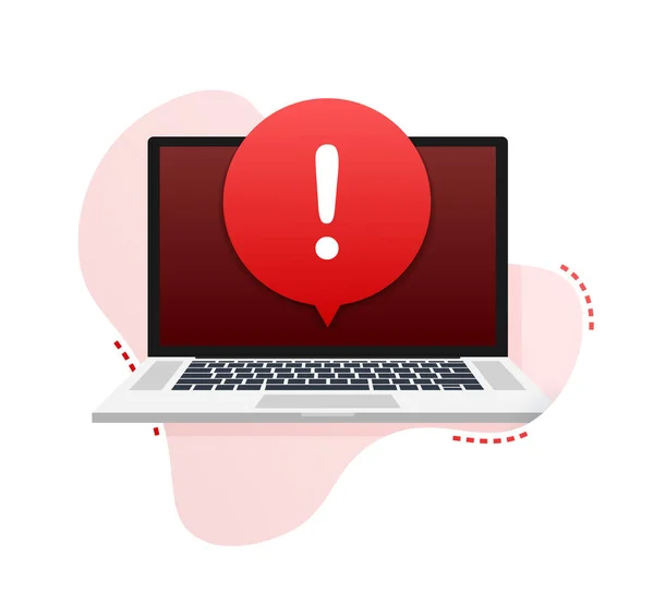 Notificação de laptop de mensagem de alerta. Alertas de erro de perigo, problema de vírus laptop ou mensagens inseguras notificações de problemas de spam. Ilustração vetorial . — Vetor de Stock