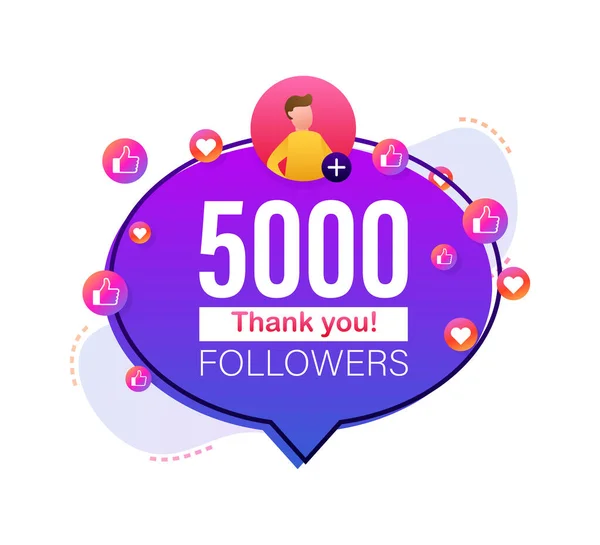 Obrigado 5000 números seguidores. Banner de estilo plano. Parabéns multicolorido graças imagem para amigos net gosta. Ilustração vetorial. —  Vetores de Stock