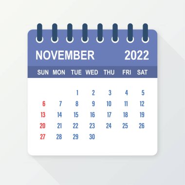Kasım 2022 Takvim Yaprağı. Takvim 2022 düz stil. Vektör illüstrasyonu.