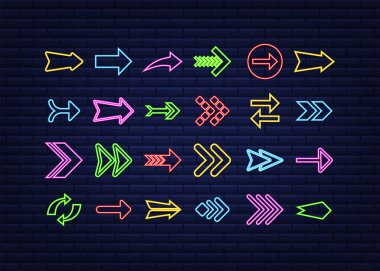 3D mavi neon ok koyu arkaplana ayarlandı. Vektör beyaz ışık. Grafik renk arkaplanı. Vektör illüstrasyonu.