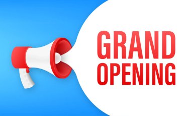 Büyük açılışı olan megafon etiketi. Megafon bayrağı. Web tasarımı. Vektör stok illüstrasyonu.