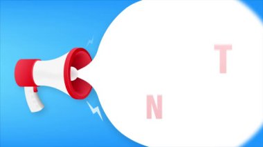 Şimdi konuşma baloncuklu megafon pankartı. İş için afiş. Hareket grafikleri
