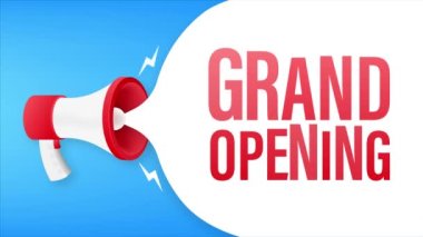 Büyük açılışı olan megafon etiketi. Megafon bayrağı. Web tasarımı. Hareket grafikleri