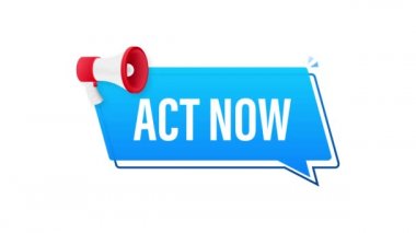 Şimdi konuşma baloncuklu megafon pankartı. İş için afiş. Hareket grafikleri