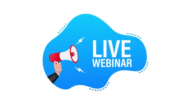 Hand Holding Megaphone mit Live-Webinar. Megafon-Banner. Bewegungsgrafik — Stockvideo