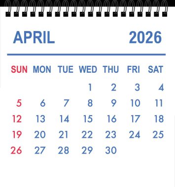 Randevuları planlamak ve planlamak için Nisan 2026 'yı gösteren takvim çizelgesi
