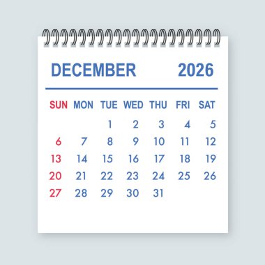 Aralık 2026 ayını gösteren spiral takvim sayfası