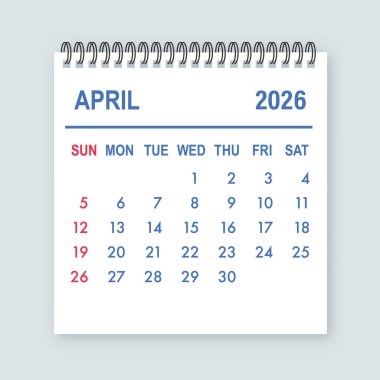 Randevuları planlamak ve planlamak için Nisan 2026 'yı gösteren takvim çizelgesi