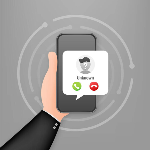 Рука держит смартфон, показывающий входящий звонок с неизвестного номера
