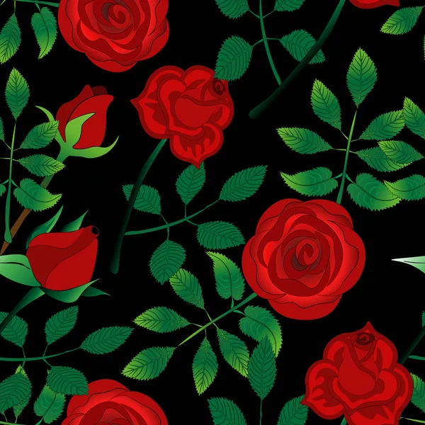 Nahtloses Blumenmuster Mit Roten Rosen Auf Schwarzem Hintergrund Kunst Illustration — Stockvektor