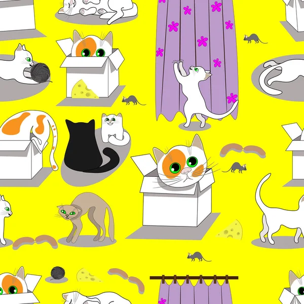 黄色の背景に異なる猫 ベクトル アート イラスト — ストックベクタ