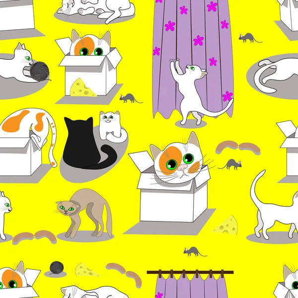 Gatos Diferentes Sobre Fondo Amarillo Vector Arte Ilustración — Vector de stock