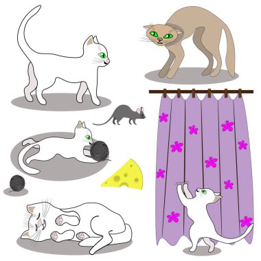 Klima seti, kediler ve fareler beyaz arka planda izole edilmiş. Sanat, İllüstrasyon, vektör.