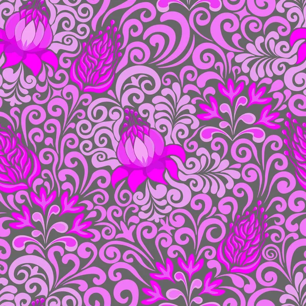  Kusursuz çiçek deseni, vektör. Gri arkaplanda mor ve pembe çiçekler.