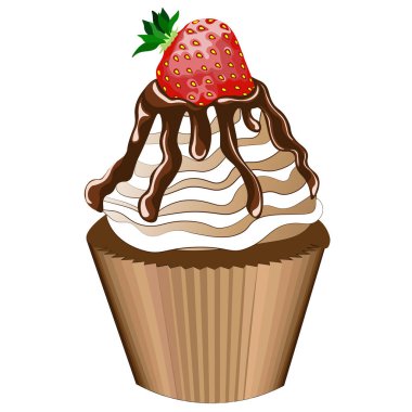  Beyaz arkaplanda kremalı ve çilekli kek, klipsli sanat, vektör.