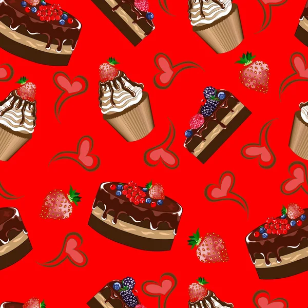 Motif Sans Couture Avec Gâteaux Cupcakes Sur Fond Rouge Vecteur — Image vectorielle