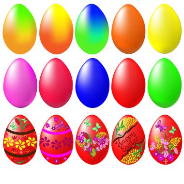  Tırman, vektör. Beyaz arkaplanda 15 renkli Paskalya yumurtası izole edilmiş.