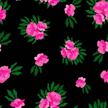 Siyah arka planda pembe şakayıklar ve tomurcuklar. Çiçeksiz desen, vektör.