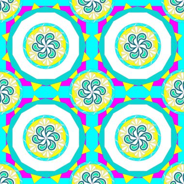 Kusursuz renkli bir desen. Eski tarz yaz şablonu, pembe, sarı, mavi, beyaz. Vektör.