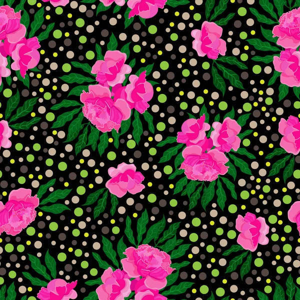 Pinkfarbene Pfingstrosen Und Grüne Blätter Auf Schwarzem Hintergrund Nahtloses Blumenmuster — Stockvektor