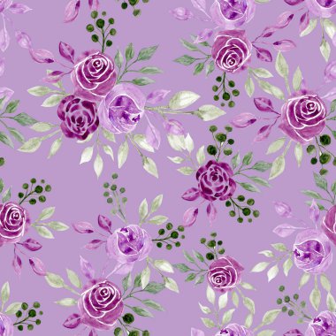 Seamless floral pattern. Hand drawn watercolour lilac roses on a lilac background.
