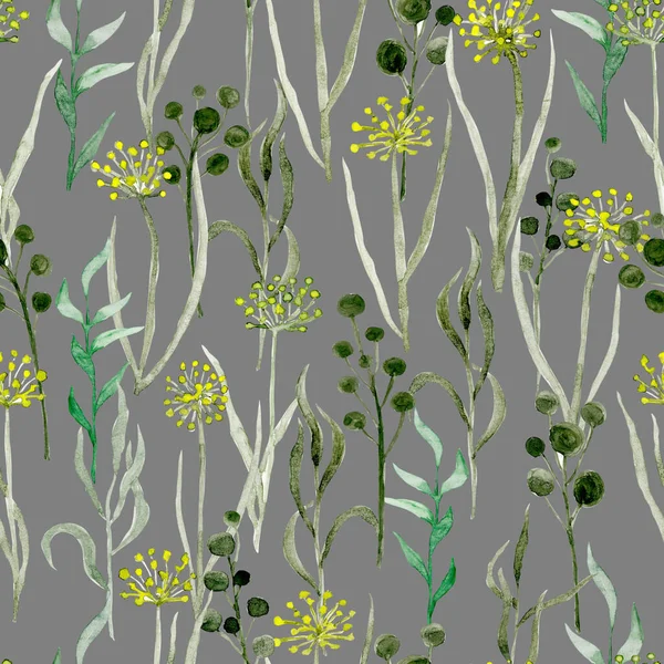 Seamless Floral Pattern Hand Drawn Watercolour Wildflowers Plants Grey Background — Stock fotografie