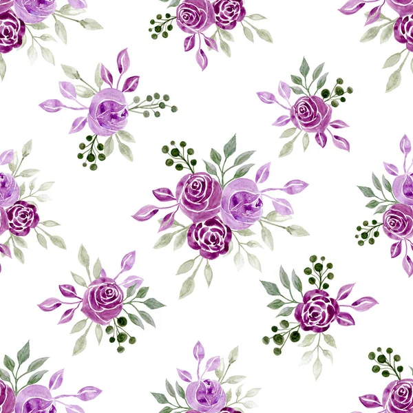 Seamless Floral Pattern Watercolour Lilac Roses White Background — Foto Stock