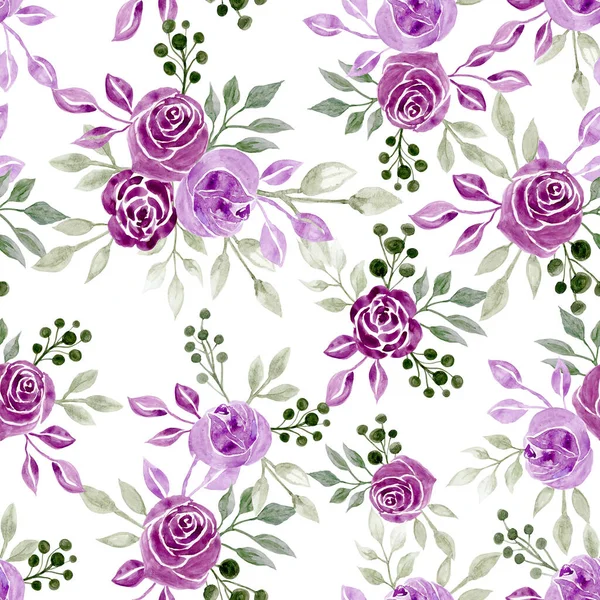 Seamless Floral Pattern Hand Drawn Watercolour Lilac Roses White Background - Stock-foto