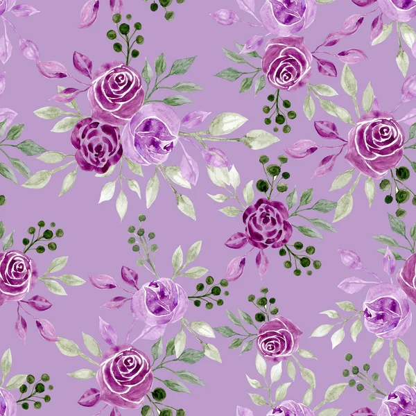 Seamless Floral Pattern Hand Drawn Watercolour Lilac Roses Lilac Background — Stock Photo, Image