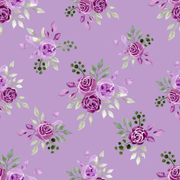 Seamless Floral Pattern Watercolour Lilac Roses Lilac Background — Stockfoto