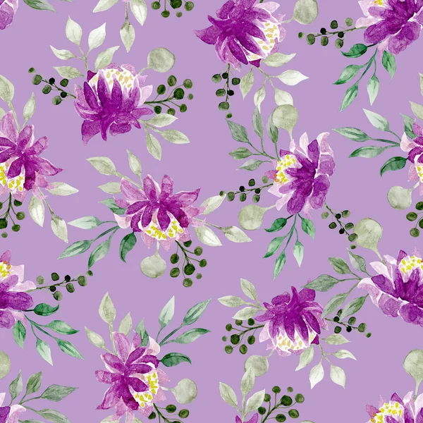 Nahtloses Blumenmuster Aquarell Flieder Wildblumen Auf Fliederfarbenem Hintergrund — Stockfoto