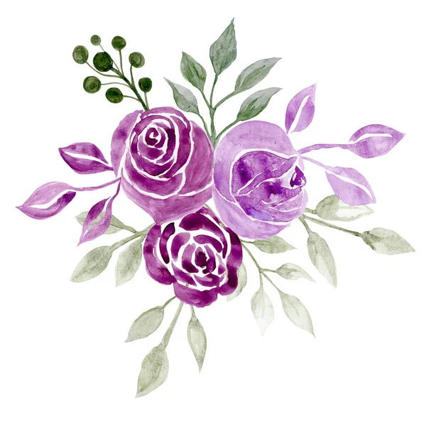 Watercolour Hand Drawn Bouquet Roses Wild Plants White Background — Foto de Stock