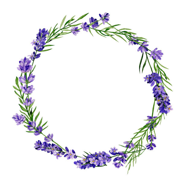 Watercolour hand drawn flowers. Lavender wreath.