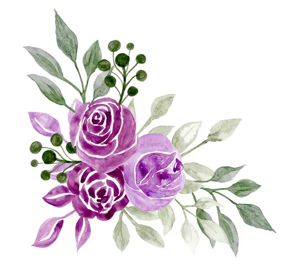 Watercolour hand drawn illustration. Bouquet of roses and wild plants.