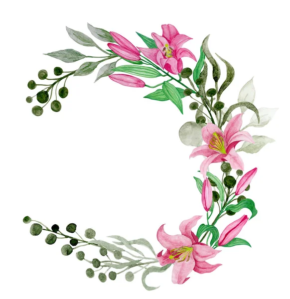 Watercolour Hand Drawn Illustration Bouquet Wreath Lilies Wild Plants — ストック写真