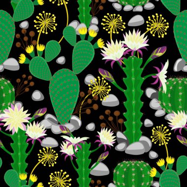 Siyah arka planda farklı çiçek açan kaktüsler. Çiçeksiz desen, vektör.