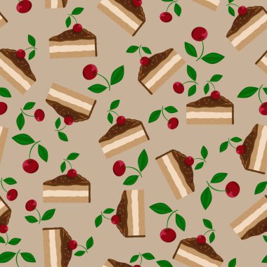 Red cherry on a sweet chocolate cake, cherries, berries. Seamless pattern, vector.