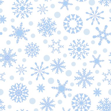 Different blue snowflakes on white background. Seamless pattern, vector.