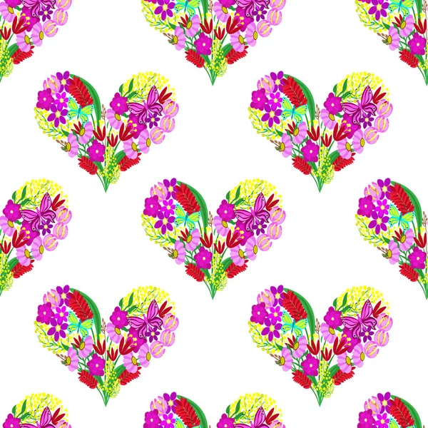 Wildflowers Hearts Butterflies White Background Floral Seamless Pattern Vector — Stockvector